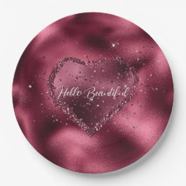 Burgundy Cherry Glitzer Sparkle Herz Pappteller