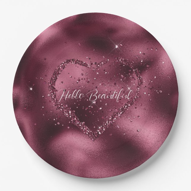 Burgundy Cherry Glitzer Sparkle Herz Pappteller (Vorderseite)