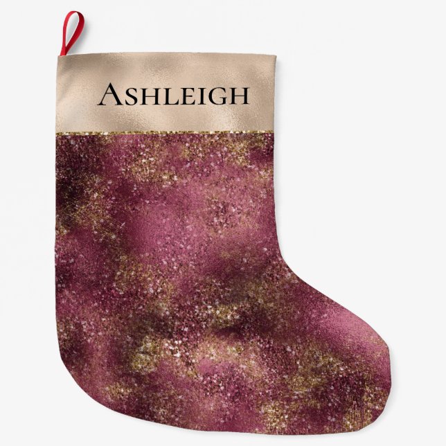 Burgundy Cherry Gold Glitzer Sparkle Großer Weihnachtsstrumpf (Vorderseite)