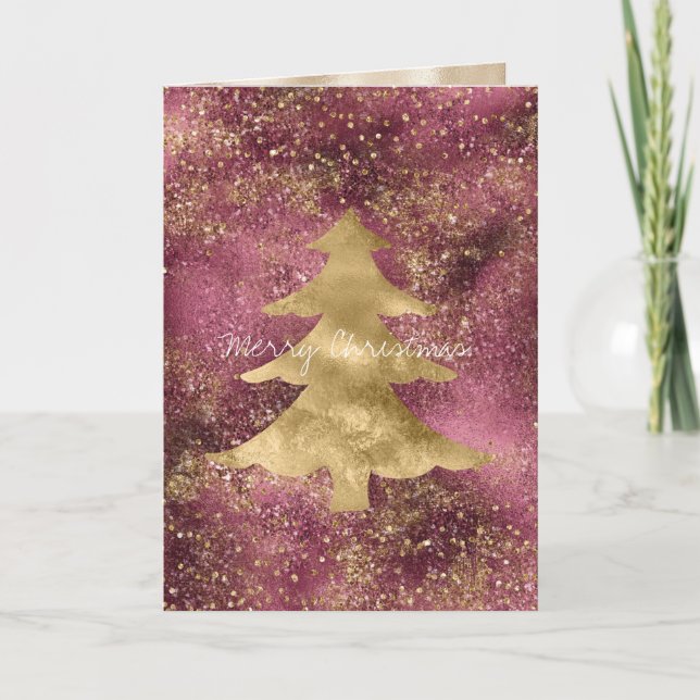 Burgundy Cherry Gold Glitzer Weihnachtsbaum Karte (Vorderseite)