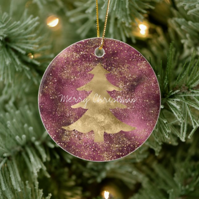 Burgundy Cherry Gold Glitzer Weihnachtsbaum Keramik Ornament (Baum)