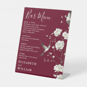 Burgundy Chinoiserie Blumenmenü Bar Hochzeit Sockelschild