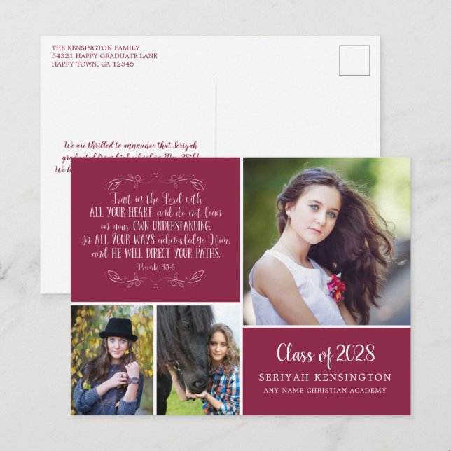 Burgundy Christian Graduation Proverbs 3 Photo Postkarte (Vorne/Hinten)