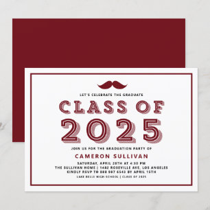 Burgundy Class of 2025 Mustache Retro Abschluss Einladung