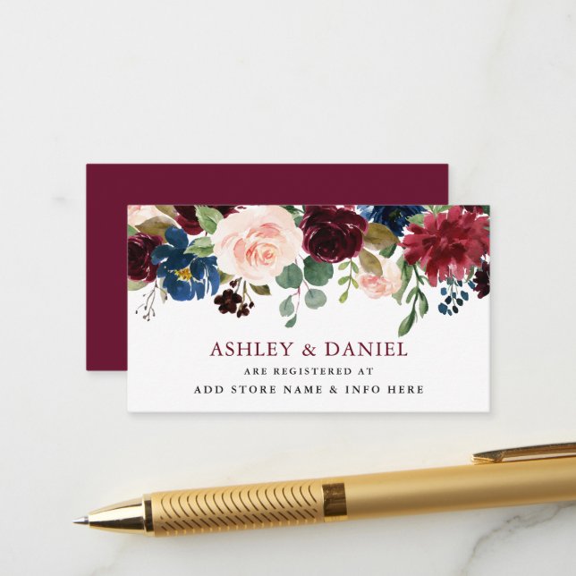 Burgundy Classic Blue Floral Wedding Registry Begleitkarte (Vorderseite/Rückseite Beispiel)