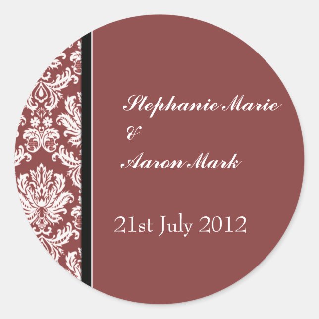 Burgundy Classic Damask Hochzeitsticker Runder Aufkleber (Vorderseite)