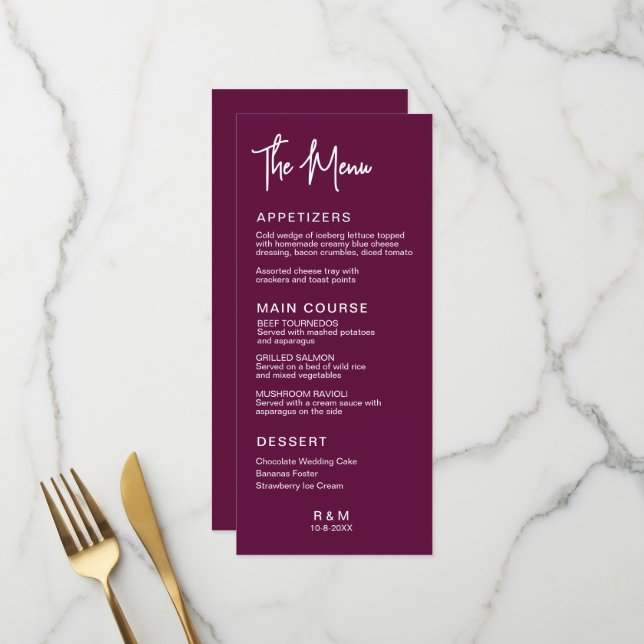 Burgundy Classic Hochzeit Menükarte (Vorderseite/Rückseite Beispiel)