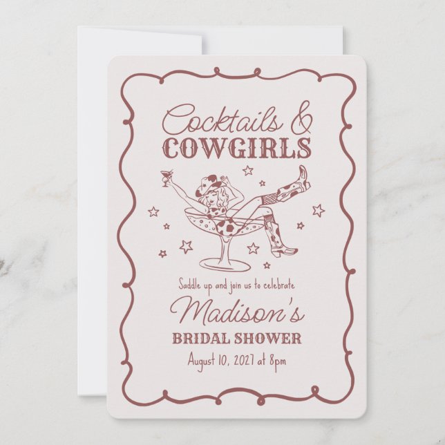 Burgundy Cocktail und Cowgirl Rodeo Brautparty Einladung (Vorderseite)