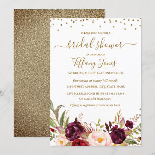 Burgundy Confetti Floral Gold Brautparty Einladung