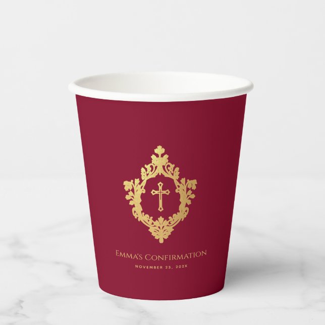 Burgundy Confirmation Imitats Gold Wappen Elegante Pappbecher (Vorderseite)