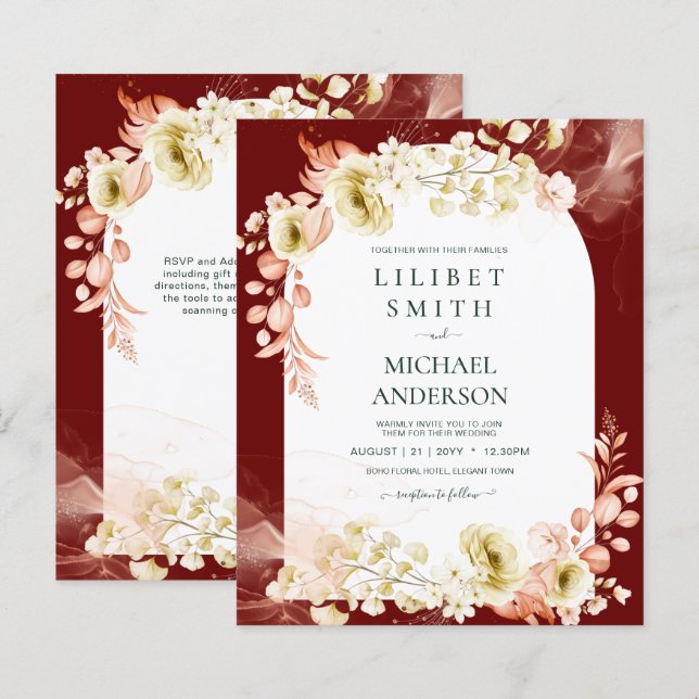 Burgundy Coral Floral Boho Wedding Einladung (Vorne/Hinten)