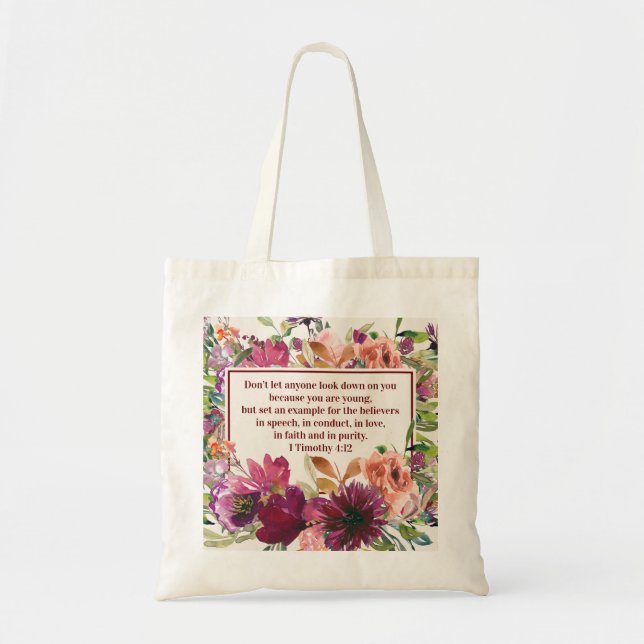 Burgundy Coral Floral Christlich Bibel Verse Tragetasche (Vorne)