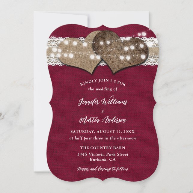 Burgundy Country Burlap Lace String Lights Hochzei Einladung (Vorderseite)