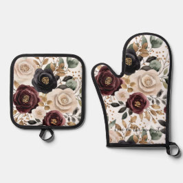 Burgundy Cream Black Floral Ofenhandschuh & Topflappen-Set