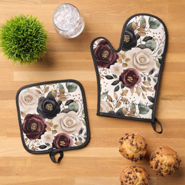 Burgundy Cream Black Floral Ofenhandschuh & Topflappen-Set (Oben Unten)