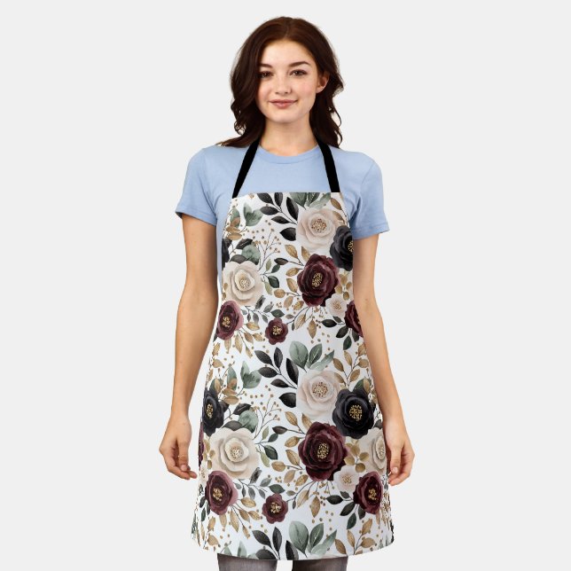 Burgundy Cream Black Floral Schürze (Getragen)