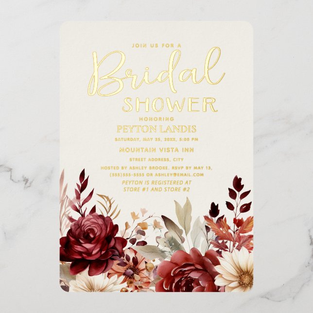 Burgundy Cream Floral Brautparty Folieneinladung (Vorderseite)
