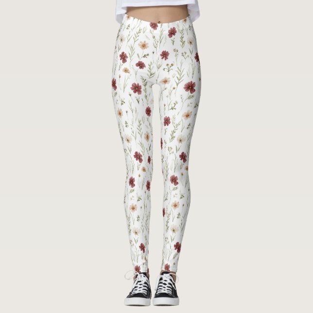 Burgundy Cream Flowers Leggings (Vorderseite)