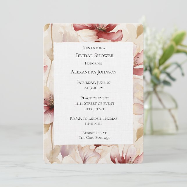 Burgundy Cream Lavender Floral Brautparty Einladung (Stehend Vorderseite)