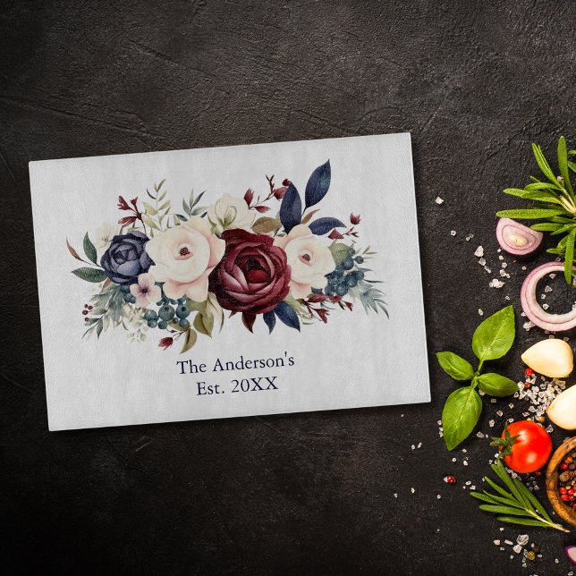 Burgundy Cream Navy Blue Floral Watercolor Schneidebrett (Burgundy Cream Navy Floral Watercolor Personalized Wedding Bridal Shower gift cutting board)