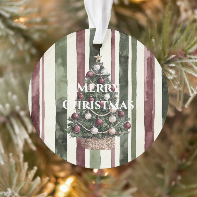Burgundy Cream Pine Green Stripes Weihnachtsbaum Ornament (Baum)