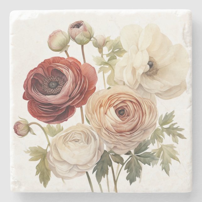 Burgundy Cream Ranunculus Blume Steinuntersetzer (Vorderseite)