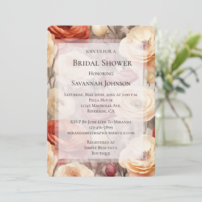 Burgundy Cream Spring Blumen Brautparty Einladung (Stehend Vorderseite)