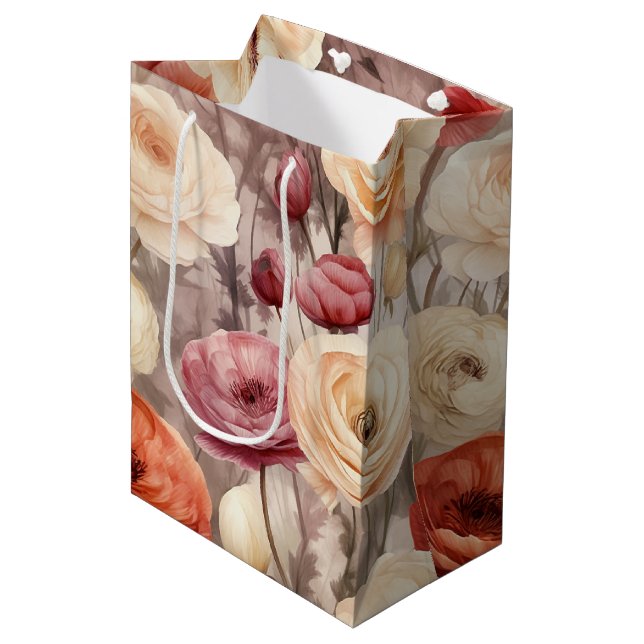 Burgundy Cream Spring Blumen Brautparty Mittlere Geschenktüte (Vorderseite Schrägansicht)
