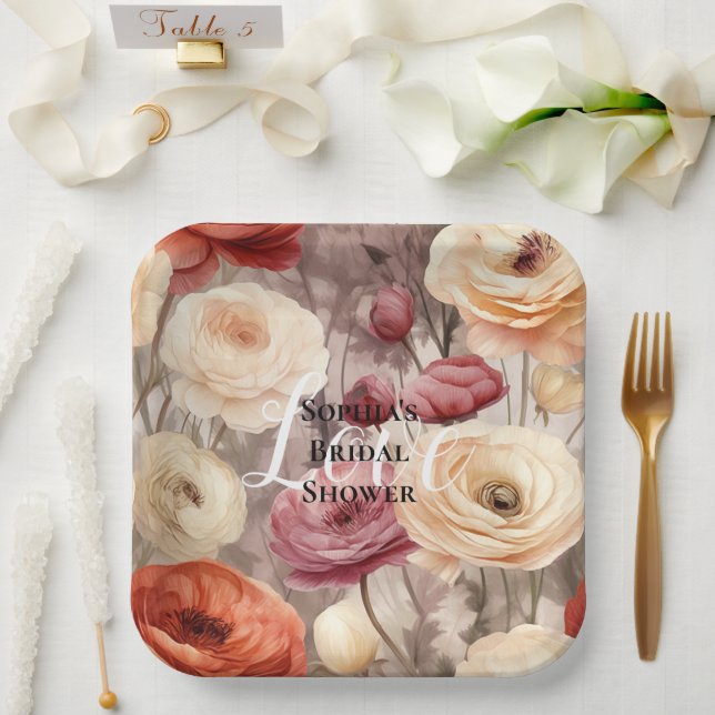 Burgundy Cream Spring Blumen Brautparty Pappteller (Hochzeit)