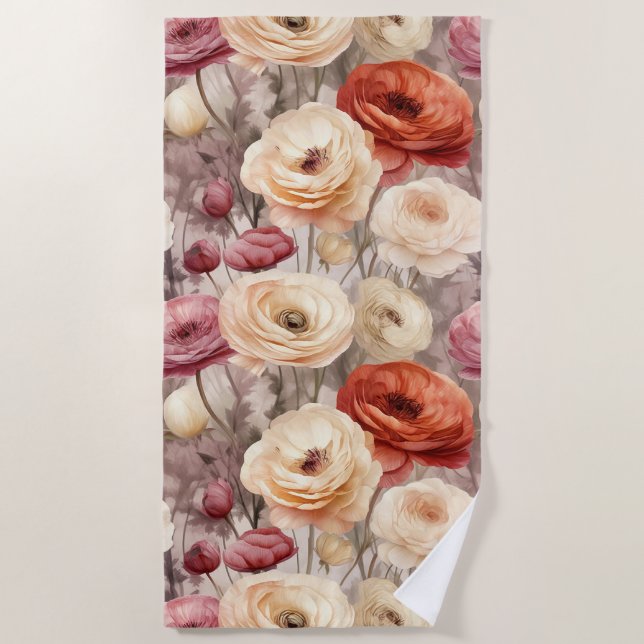 Burgundy Cream Spring Blumen Brautparty Strandtuch (Vorderseite)
