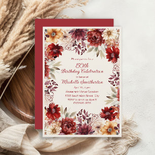 Burgundy Cream Watercolor Floral 50. Geburtstag Einladung