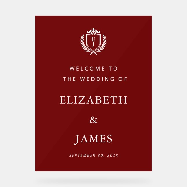Burgundy Crest Wedding Welcome, Custom Initials (Recto)