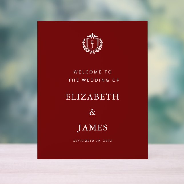 Burgundy Crest Wedding Welcome, Custom Initials Acrylschild (Neutral)