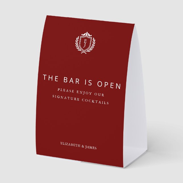 Burgundy Crest Wedding Welcome, Custom Initials Tischaufsteller (Vorderseite)