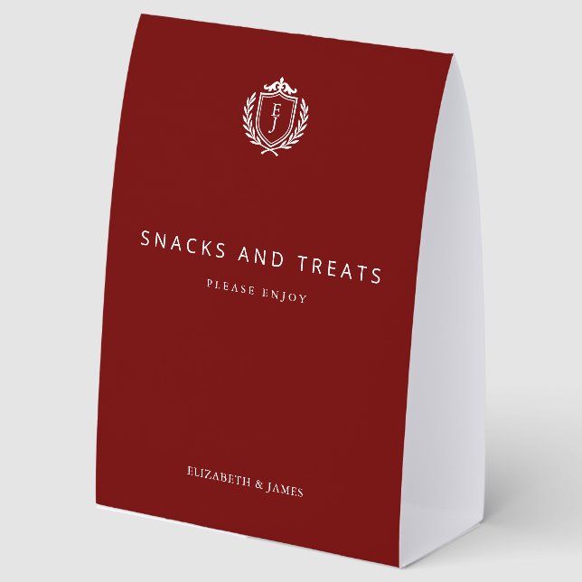 Burgundy Crest Wedding Welcome, Custom Initials Tischaufsteller (Vorderseite)