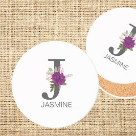 Burgundy Dahlia Floral Alphabet Letter Monogram   Getränkeuntersetzer