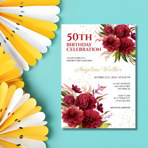 Burgundy Dahlia Rose Floral Gold Glitzer Geburtsta Einladung