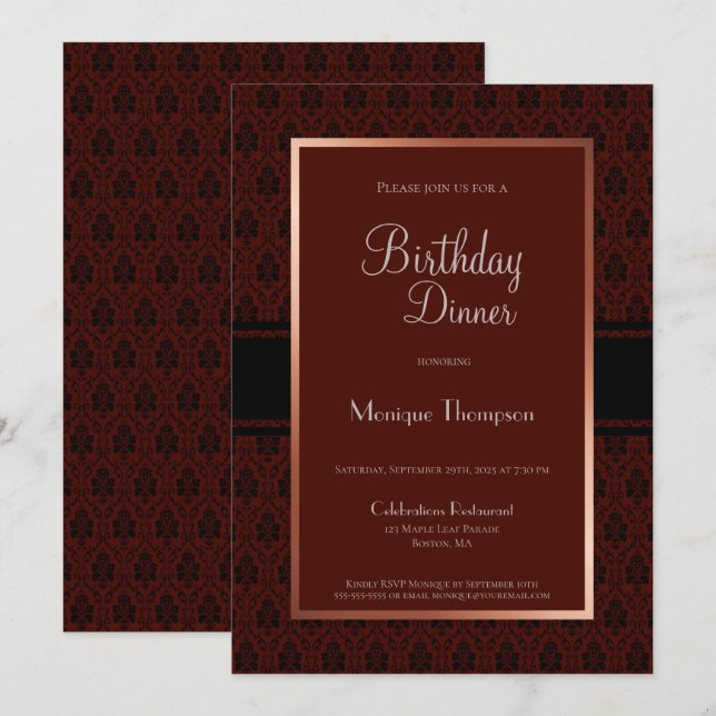 Burgundy Damask Geburtstagsessen Party Einladung (Vorne/Hinten)