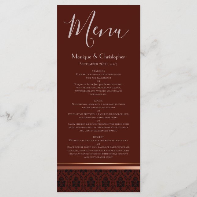 Burgundy Damask Rose Gold Trim Wedding Menü Menükarte (Vorderseite)