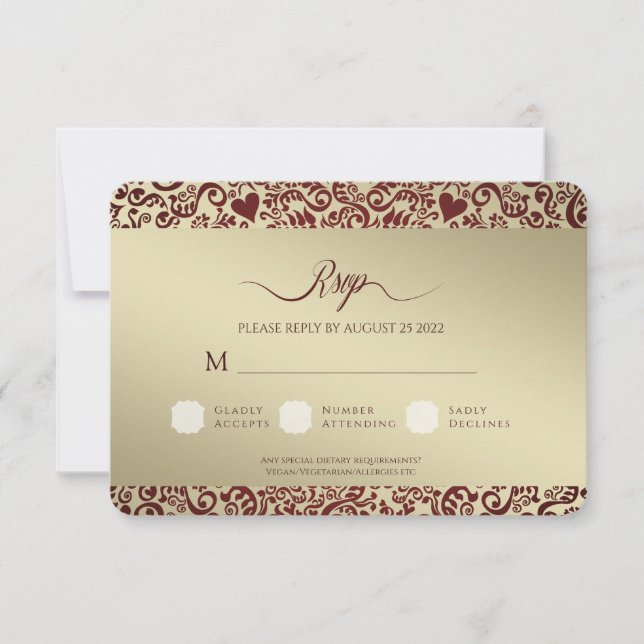 Burgundy Damask Wedding Danke Foto Card RSVP Karte (Vorderseite)