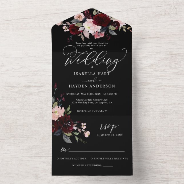 Burgundy Dark Moody Floral Black Elegant Wedding All In One Einladung (Innen Boden)