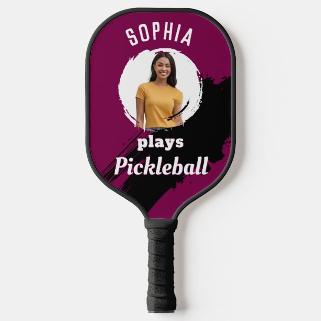 Burgundy Dark Red Custom Foto & Name Modern Pickleball Schläger (Vorderseite)
