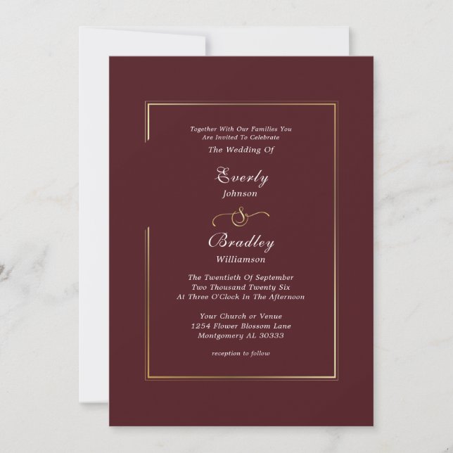  Burgundy Dark Red Plum White Gold Border Wedding Einladung (Vorderseite)