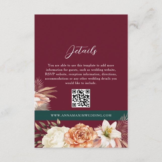 Burgundy Détails du Mariage Carte QR Code (Devant)
