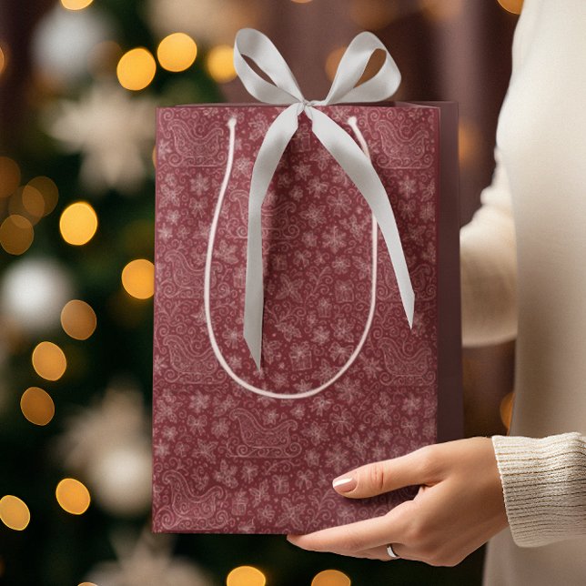 Burgundy Doodle Christmas Sleigh Pattern Mittlere Geschenktüte (Von Creator hochgeladen)