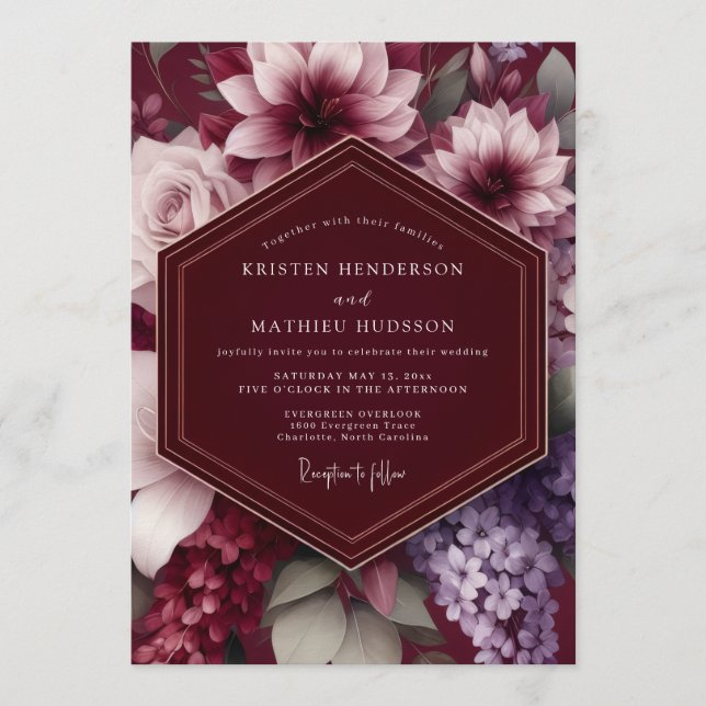 Burgundy Dramatic Botanical Wedding Einladung (Vorderseite)
