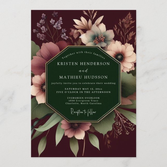 Burgundy Dramatic Floral Wedding Einladung (Vorderseite)