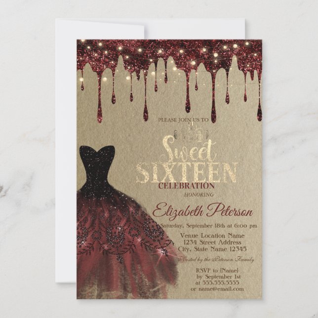 Burgundy Dress, Glitzer Tropfen Lights Kraft Sweet Einladung (Vorderseite)