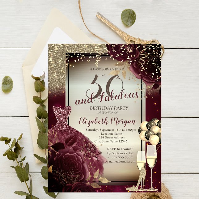 Burgundy Dress, Rose, Balloons, Gold 50. Geburtsta Einladung (Von Creator hochgeladen)