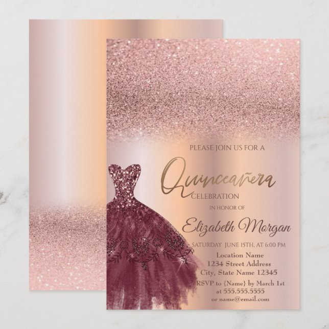 Burgundy Dress Rose Gold Ombre Quinceañera Einladung (Vorne/Hinten)